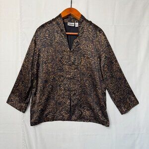 Vintage Chicos Design 100% Silk Brown Tan Black Filigree Print Tunic Jacket